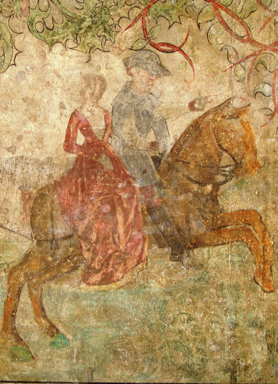 Wandgemälde, das zwei Personen zu Pferd zeigt. Vorne ein Mann, dahinter im Damensitz eine Frau im langen Kleid.