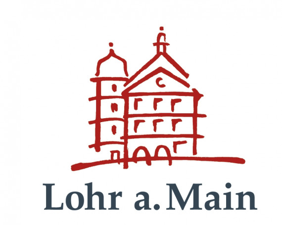 Logo der Stadt Lohr am Main. Auf weißem Hintergrund in schwarzer Schrift der Stadtname, darüber in rot eine stilisierte Darstellung des Historischen Rathauses.